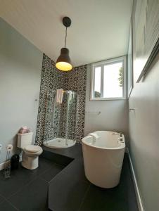 a bathroom with a tub and a shower and a toilet at Chalet le Rassembleur in Racine
