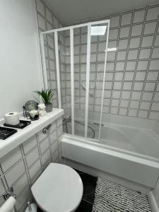La salle de bains est pourvue de toilettes et d'une baignoire. dans l'établissement Perfect in the centre with view, à Londres