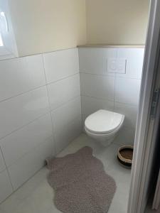 a white bathroom with a toilet and a rug at Villa by Nesma in Châtellerault