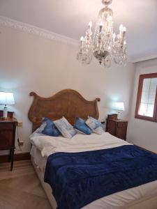 a bedroom with a bed with blue sheets and a chandelier at Apartamento Centro Marbella in Marbella