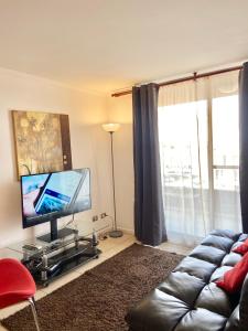 sala de estar con sofá y TV de pantalla plana en Apartamentos Alma Socoroma, en Arica