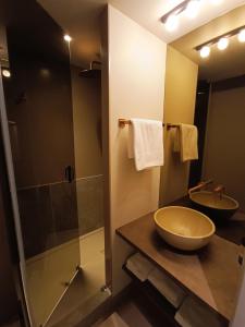 a bathroom with a bowl sink and a shower at Hôtel Kyriad Brive Ouest in Brive-la-Gaillarde
