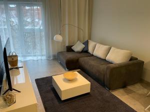 een woonkamer met een bank en een salontafel bij Wenecjanska Comfort Apartment, free parking, self check-in 24h in Poznań