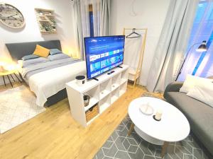 a bedroom with a bed and a television on a table at Park Bôrik 4YOU & Free Parking in Žilina
