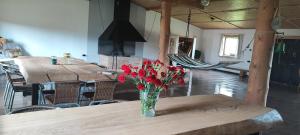un jarrón de flores rojas sentado en una mesa en Siedlisko na łące, en Dąbrówno