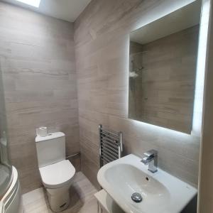 a bathroom with a toilet and a sink and a mirror at Flat with excellent transport links to central London. in Elmers End