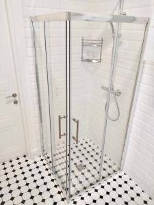 a shower in a bathroom with a black and white floor at Luxury Central Apartment Easy Kaunas in Kaunas +19 photos