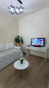 ein Wohnzimmer mit einem Sofa und einem Tisch mit einem TV in der Unterkunft Departamento 9 de Julio in Comodoro Rivadavia