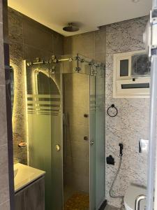 a shower with a glass door in a bathroom at 127-3 النيل in Cairo