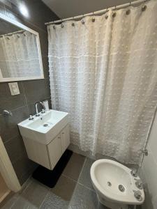 y baño con lavabo, aseo y cortina de ducha. en Departamento Céntrico Pampa Haus en Santa Rosa