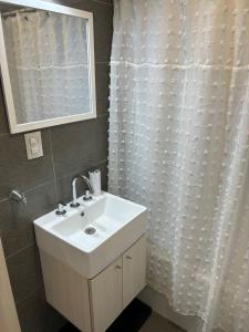 La salle de bains est pourvue d'un lavabo et d'un rideau de douche. dans l'établissement Departamento Céntrico Pampa Haus, à Santa Rosa
