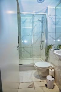 a bathroom with a shower and a toilet and a sink at 2 bed flat in Islington in London