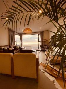 a living room with couches and a large plant at Beachfront Townhouse - MowenOne in Walvis Bay