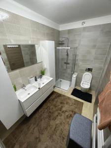 uma casa de banho com um lavatório, um chuveiro e um WC. em VRG 1 Exkluzív Apartman em Debrecen