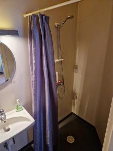 a shower with a blue shower curtain next to a sink at Lovsjöbadens Camping in Jönköping +5 photos