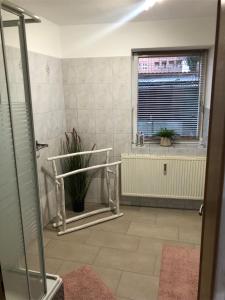 ヴィスマールにあるFerienwohnung Just Cityのバスルーム(シャワー、鉢植えの植物付)