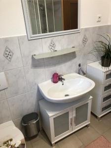 een badkamer met een witte wastafel en een spiegel bij Ferienwohnung Just City in Wismar