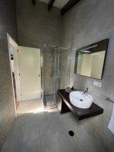 a bathroom with a sink and a shower with a mirror at CASA DOS CEDROS in Pico da Pedra