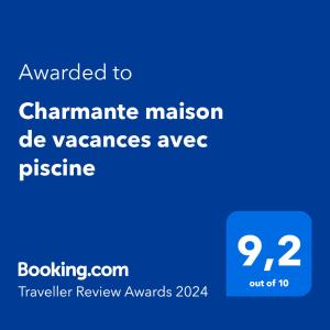 Certifikát, hodnocení, plakát nebo jiný dokument vystavený v ubytování Charmante maison de vacances avec piscine