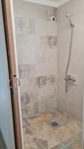 a shower in a bathroom with a tiled floor at Maison d'hôte au bord de la Rivière avec jacuzzi in Épinal
