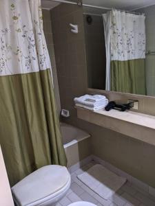 łazienka z zasłoną prysznicową i toaletą w obiekcie Apartments Tower w BuenosAires
