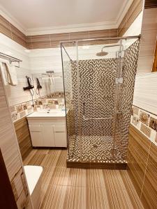uma casa de banho com um chuveiro e um lavatório. em Hotel Asal Butik em Bukhara