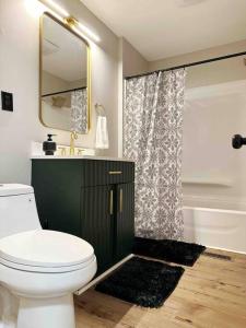 a bathroom with a toilet and a sink and a shower at Rotherwood Roost / 2BR/1BA Apartment near UE in Evansville +8 photos
