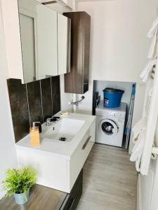 een badkamer met een wastafel en een wasmachine bij DUPLEX - TERRASSE 2 CHAMBRES CENTRE-VILLE JAUDE in Clermont-Ferrand