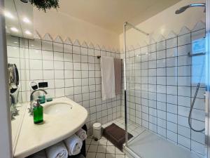 a bathroom with a sink and a shower at Casa Caroli - intera casa ad Alba, LANGHE UNESCO in Alba