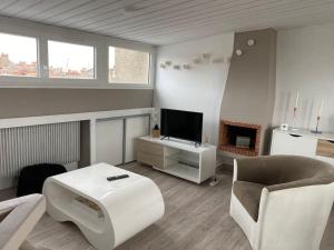 een woonkamer met een tv en een bank en een stoel bij DUPLEX - TERRASSE 2 CHAMBRES CENTRE-VILLE JAUDE in Clermont-Ferrand