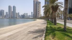 a beach with palm trees in front of a city at Smart Home Vacation Home in Sharjah