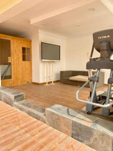 a living room with a flat screen tv and a gym at GLOVIS LUXURY APARTMENT in Abuja