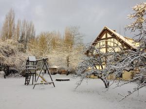 una casa con un patio cubierto de nieve con un columpio en La Maison du Verger, en Acquigny