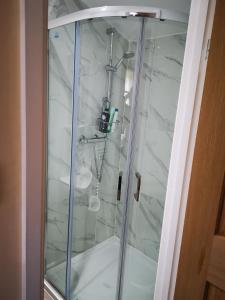 y baño con ducha y puerta de cristal. en Impeccable 1-Bed Lodge in Eastleigh, en Eastleigh