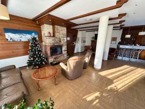 a living room with a christmas tree and a fireplace at Pine Tree - charming apartment in Bansko