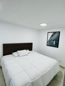 a bedroom with a large white bed with a picture on the wall at Departamento Los viñedos in Ica