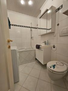 Baño blanco con aseo y lavamanos en Ferienwohnung - Apartment Pichlarn Holiday, en Aigen im Ennstal