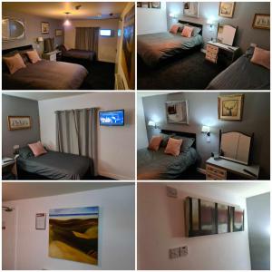 four different pictures of a hotel room with two beds at The Shady Oak B&B in Highpeak Junction