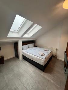 a bedroom with a bed with a skylight at Domizil in Bremen