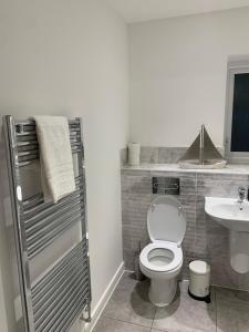 y baño con aseo y lavamanos. en BRAND NEW LUXURY 3 BED HOME with MULTIPLE FREE PARKING BAYS Early Check-in Late Check- Out Allowed, en West Thurrock