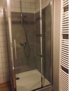 a shower with a glass door in a bathroom at Duplex avec superbe vue boisée in Esneux