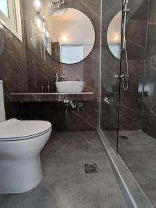 un bagno con un water, un lavandino e uno specchio di Alexander apartment 3 a Spartià