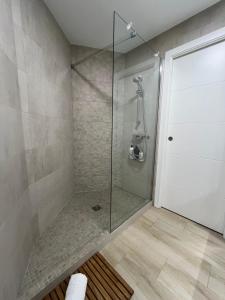 グラナダにあるFantastico Apartamento Suite en centro de Granadaのバスルーム(ガラスドア付きのシャワー付)