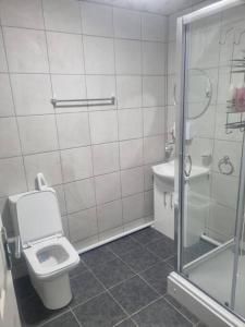 a white bathroom with a toilet and a shower at 1 Bedroom Apartment in Daventry