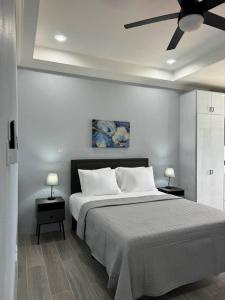 ein Schlafzimmer mit einem großen Bett mit zwei Nachttischen in der Unterkunft Ridge View in Kingstown