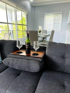 a bottle of wine and two glasses sitting on a couch at Ridge View in Kingstown