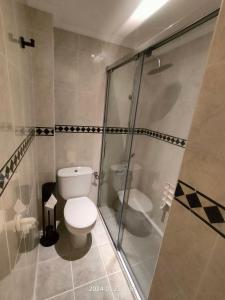 a bathroom with a toilet and a glass shower at Tirwal Suite Judería in Teruel