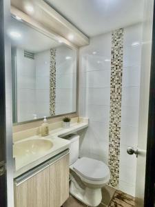 La salle de bains est pourvue de toilettes, d'un lavabo et d'un miroir. dans l'établissement Apartamento Ibagué La Samaria Mirolindo, à Ibagué