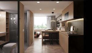 a kitchen with a counter and a sink in a room at Residence Inn by Marriott Geneva City Nations in Geneva