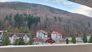 a view of a town with a mountain in the background at Apartament 3 camere Slanic Moldova. priveliste deosebita! 200m pârtie in Slănic-Moldova